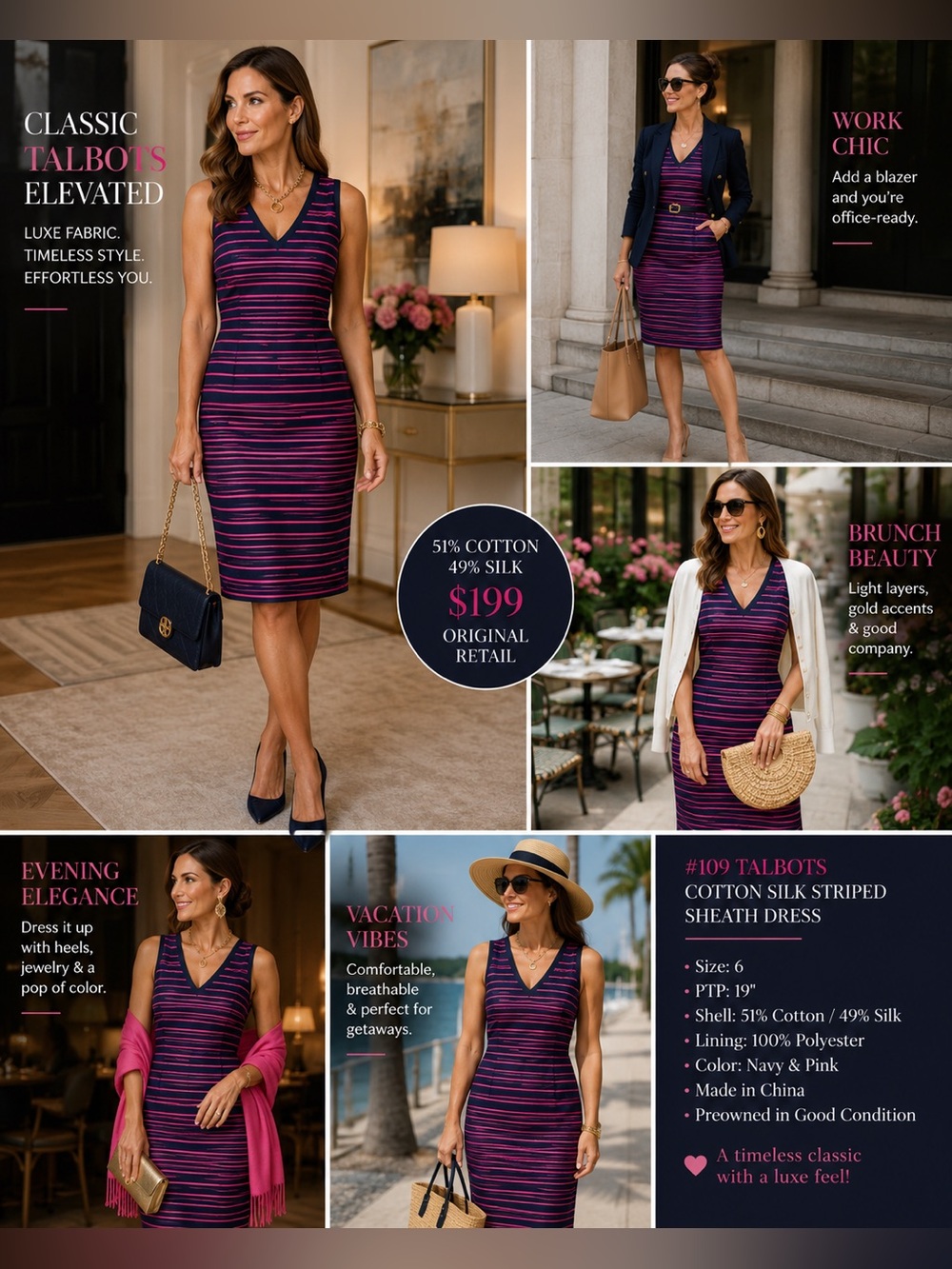 ✨ Talbots Cotton Silk Striped Sheath Dress Size 6 PTP 19”✨